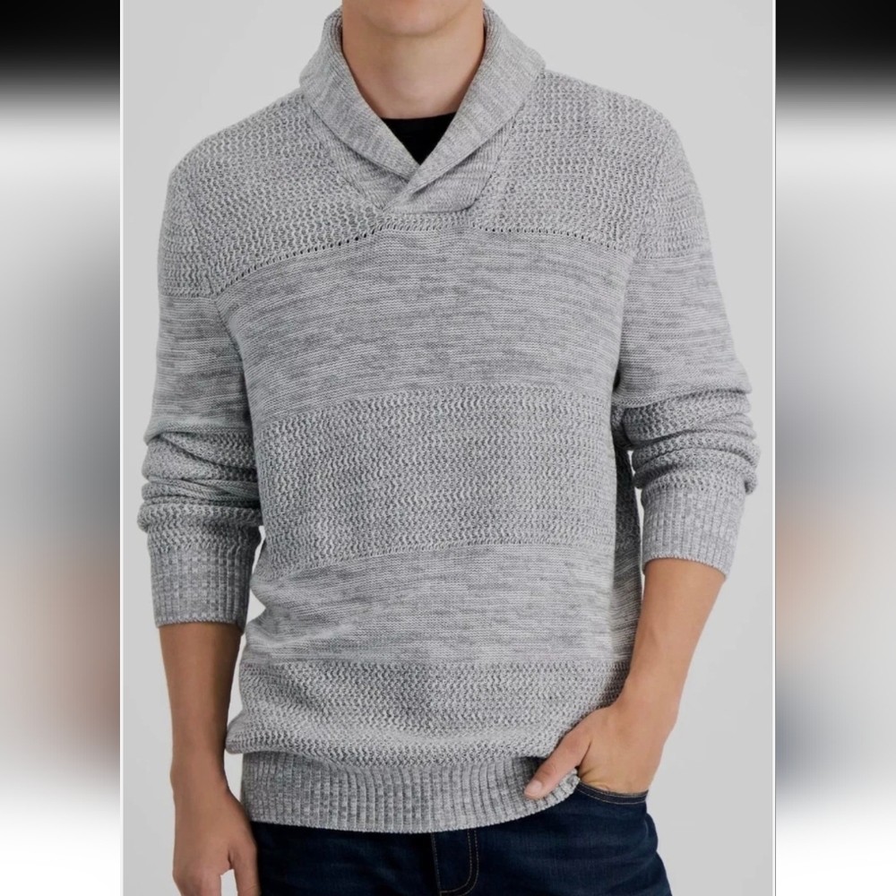 Sun & Stone Shawl Collar  Cotton Sweater , Mens Medium Gray Marl